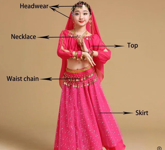 Girls' Indian Belly Dance Costume Set | Bollywood Sari Outfit for Children Rose red 5pcs