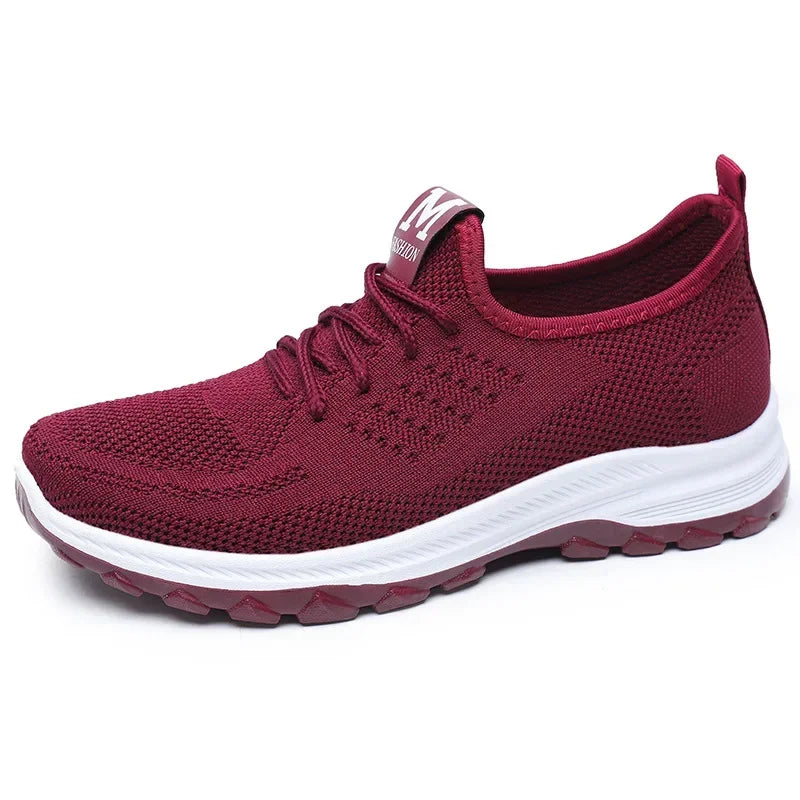 2023 Women's Mesh Vulcanized Sneakers | Lightweight Spring Casual Flats | Comfortable Knitted Lace-Up Shoes red