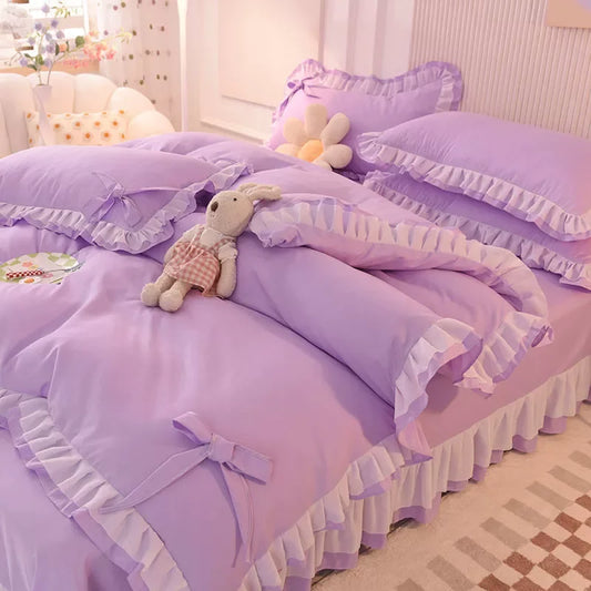 Purple Bed Sets Seersucker Bedding Cute Princess Duvet 4 Pieces Home Decor 2 Flat sheet