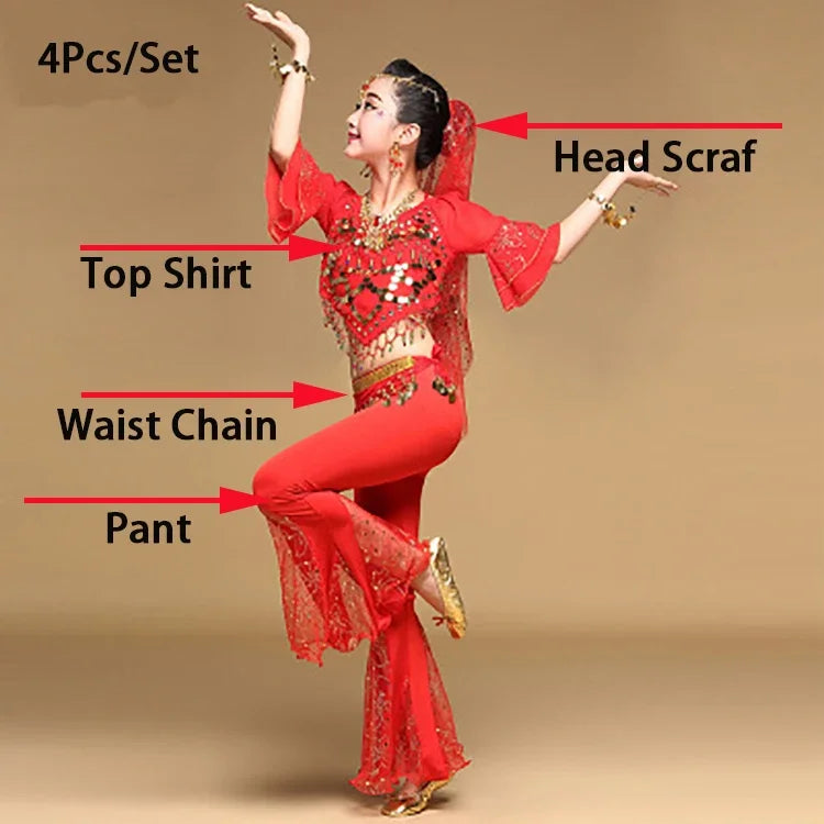 Girls' Oriental Indian Belly Dance Costume | Flared Trousers & Top Set for Performances Red