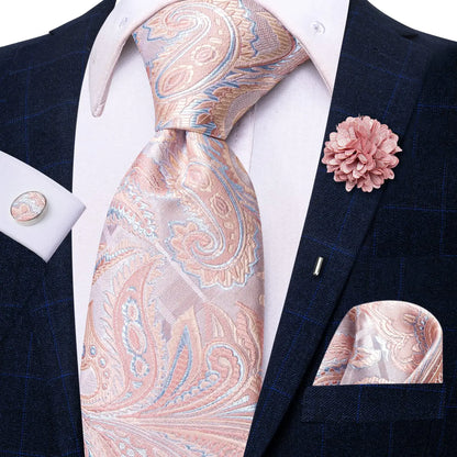 Paisley Pink Necktie With Brooch Silk Elegent Wedding Tie For Men Handky Cufflink Fashion Business Party Hi-Tie Designer N-3794-XH-0066