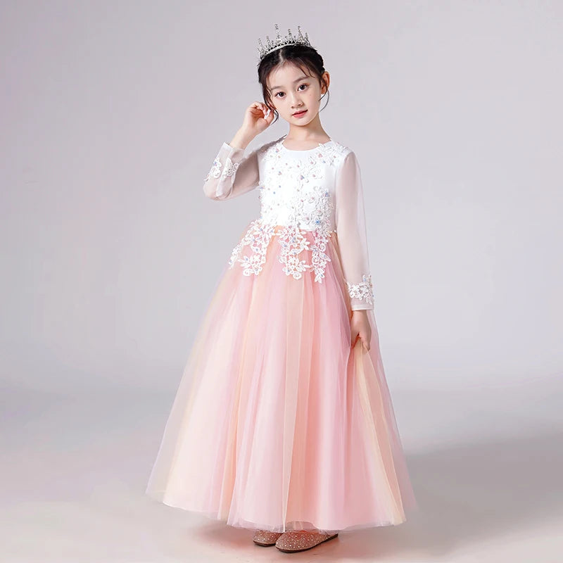 Kids' Floral Wedding Party Dress | Princess Flower Gown with Mesh Sleeves As photo