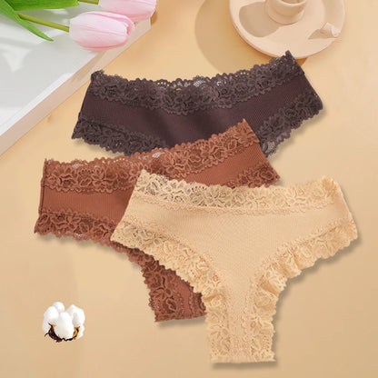 3PCS/Set Women Cotton Seamless Panties Sexy Lace Brazilian Panties Low Rise Soft Breathable Lingerie for Female G-String Briefs Set 4 3pcs