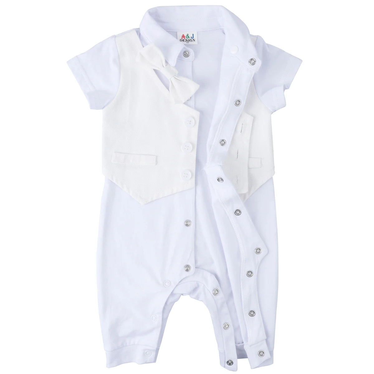 Baby Boys Christening Outfits Baptism Newborn White One-Pieces Short Sleeve Summer Clothes Shower Gift with Beret Hat