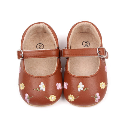 Baby Girls Mary Jane Flats PU Leather Infant Dress Shoes Floral Embroidery Princess Shoes 0-18M C