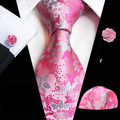 Floral Pink Silk Tie Set for Men – Wedding & Party Neck Tie with Handkerchief, Brooch, and Cufflinks TZ-MF13-1