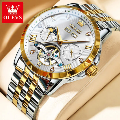 OLEVS 6691 Men's Luxury Automatic Mechanical Watch | Multi-Function Flywheel & Moon Phase | 3Bar Waterproof Gold White United States