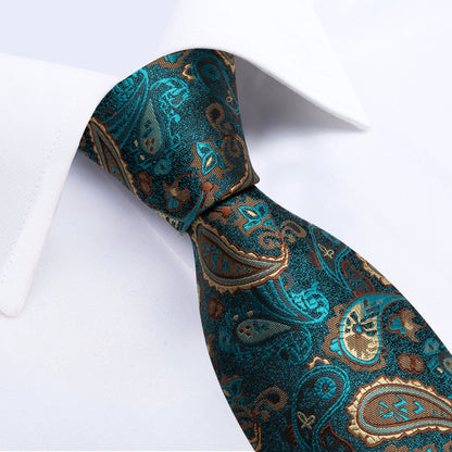 8cm Green & Gold Paisley Silk Polyester Tie Set | Wedding & Party Accessories with Pocket Square & Cufflinks | DiBanGu Necktie Gift