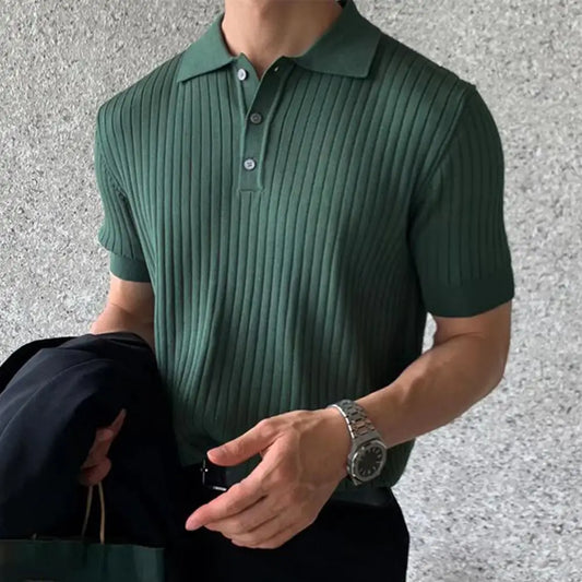 Lapel Short Sleeve Buttons Half Placket Loose Men Summer T-shirt Knitting Ribbed Shirt Top Streetwear