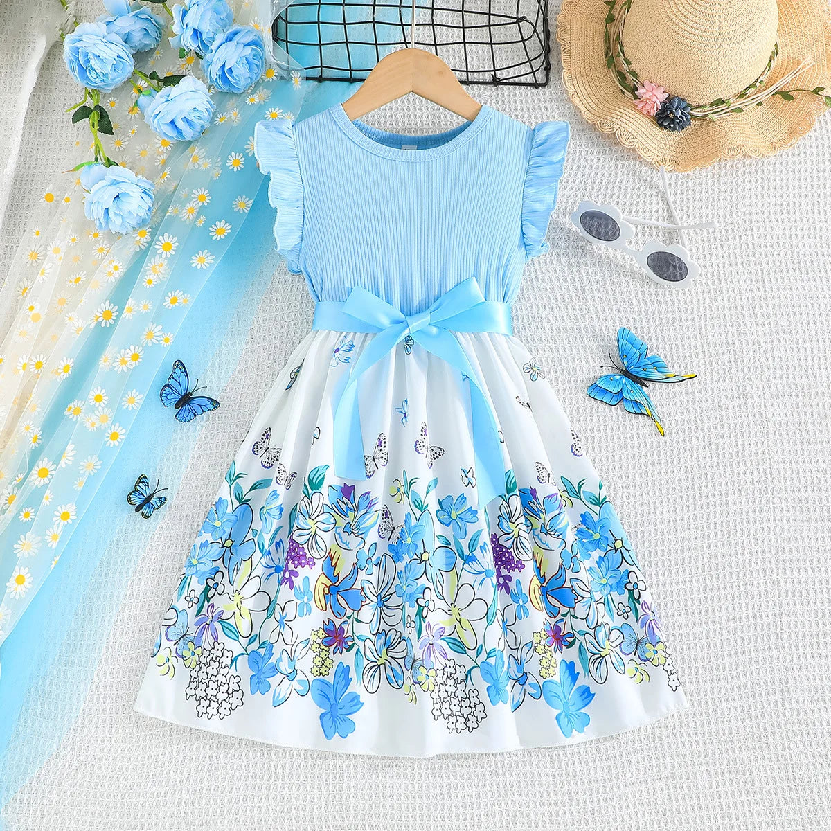 Summer Girls Floral Patchwork Dress | Fashionable Kids Ruffle Sleeveless Princess Dress with Belt Style 04