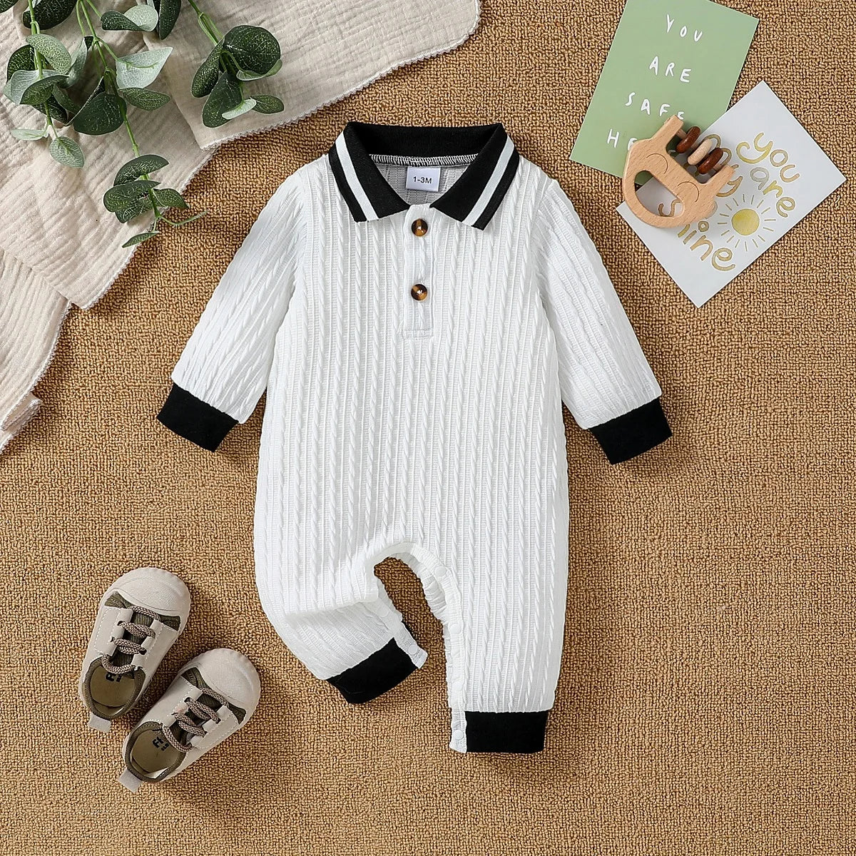 Baby Boys Autumn Solid WhiteTurn-down Collar Casual Daily Jumpsuit With Button For Newborn-18M Clothing Wear OM037-baise