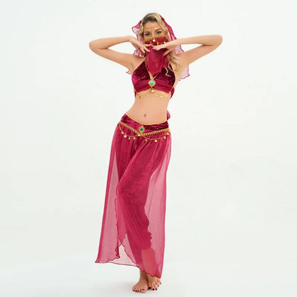 Women's Sexy Mesh Belly Dance Costume – Indian Belly Dancing Performance Dress Red One Size