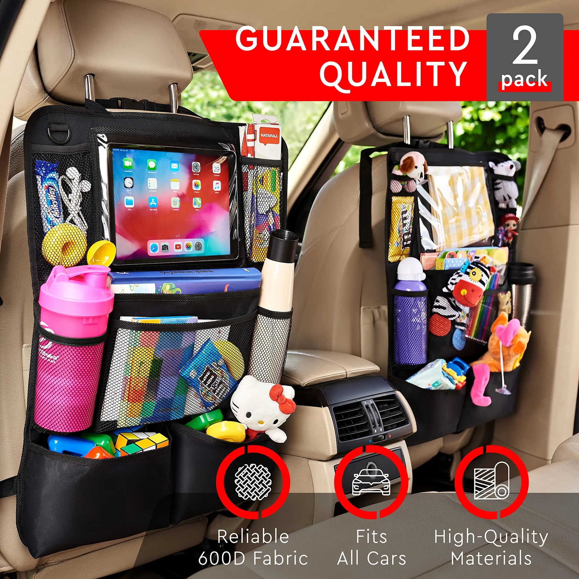 2-Pack Backseat Car Organizer with Kick Mats & Touchscreen Tablet Holder