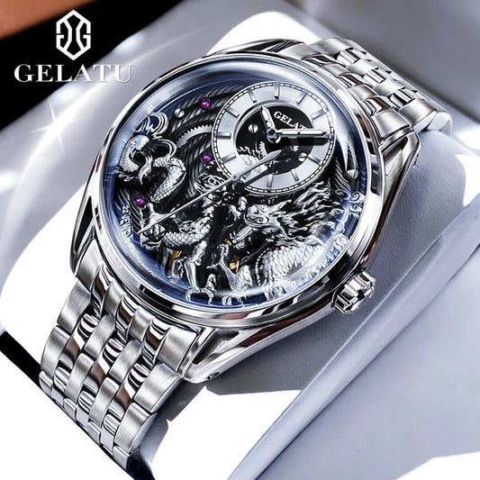 GELATU 6018 Men's Dragon Mechanical Watch Sapphire Luxury Brand Silver United States