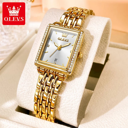 OLEVS 9995 Women's Luxury Diamond Wristwatch | Elegant Stainless Steel Square Watch with Waterproof and Luminous Features WHITE