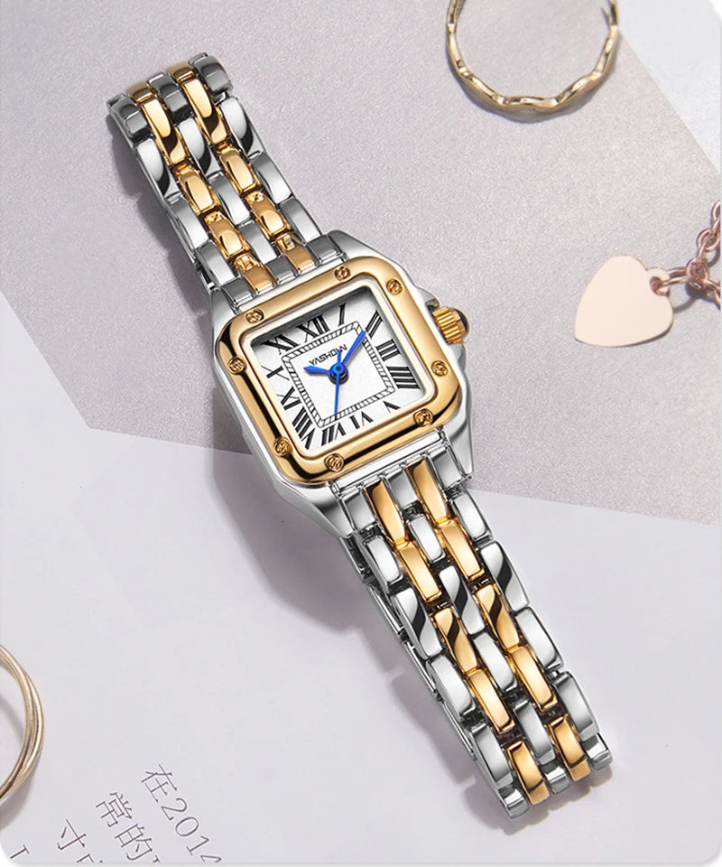 Elegant Rose Gold Square Case Quartz Watch for Women - Classic Roman Numeral Dial Ladies Wristwatch