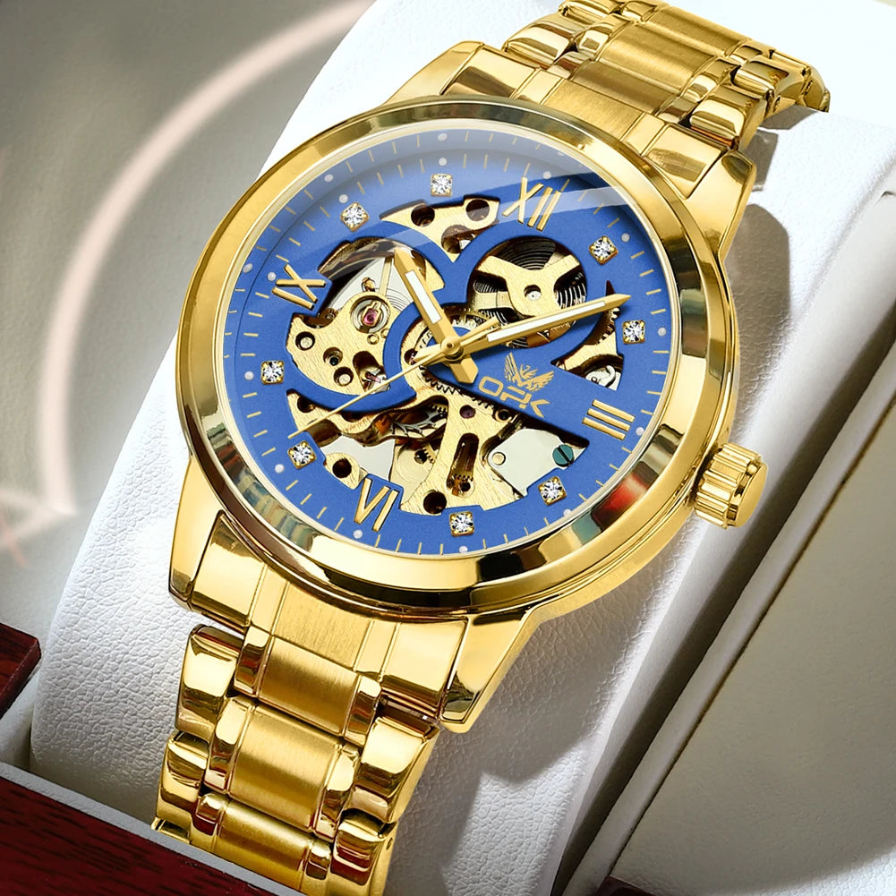 OPK Brand Original Luxury Men's Watches Stainless Steel Strap Mechanical Watch Waterproof Luminous Butterfly Button Hollow Out gold blue United States