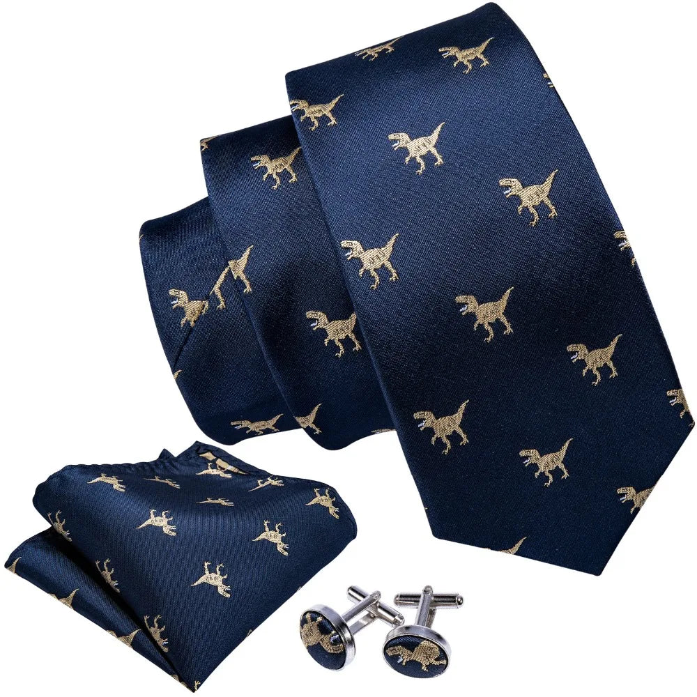 Men's Navy Gold Dinosaur Pattern Necktie Set | 8.5cm Silk Tie for Wedding & Business | Barry.Wang FA-5191