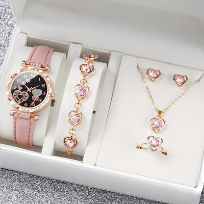 5-Piece Rhinestone Heart Women’s Watch & Jewelry Set - Leather Band Quartz Watch