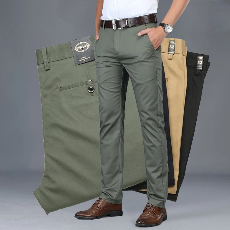 Spring Summer Cotton Casual Pants Mens Clothing Straight Business Green Black Khaki Trousers Male Brand 2022