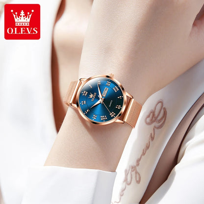 OLEVS Luxury Women's Quartz Watch | Week Calendar, Waterproof, Luminous, Milanese Mesh Belt