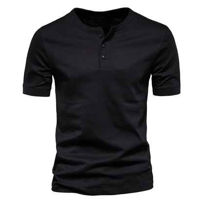 AIOPESON 100% Cotton Henley Collar T Shirt Men Casual High Quality Summer Short Sleeve Mens T Shirts Fashion Basic T-shirt Male black