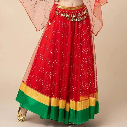 Women's Bollywood Belly Dance Costume – Large Swing Skirt Performance Outfit Red Dress One Size