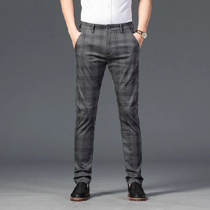 Brand Men's Stripe Plaid Casual Pants Men Four Seasons High Quality Business Trousers Men's Slim Dark gray Straight Pant Dark gray