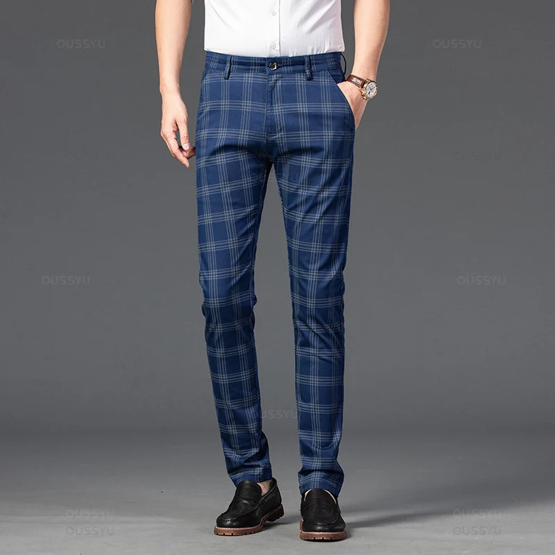 Brand Men's Stripe Plaid Casual Pants Men Four Seasons High Quality Business Trousers Men's Slim Dark gray Straight Pant Blue