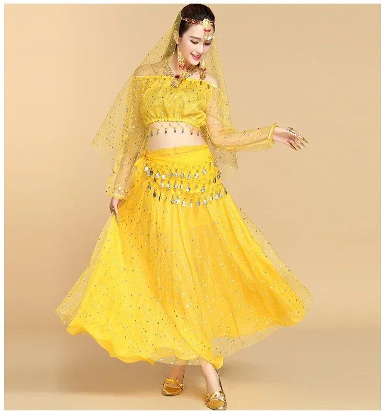 Fashionable Adult Belly Dance Costume Set | Bollywood Inspired Indian Dance Wear | Multiple Piece Options Yellow