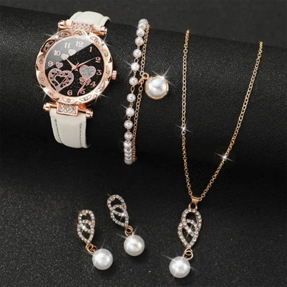 4-Piece Women's Shiny Rhinestone Quartz Watch & Faux Pearl Jewelry Set | Elegant Gift for Mom or Her