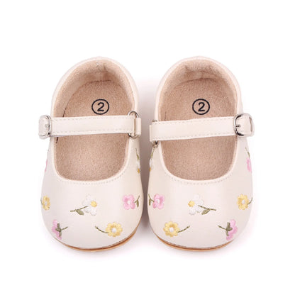 Baby Girls Mary Jane Flats PU Leather Infant Dress Shoes Floral Embroidery Princess Shoes 0-18M A