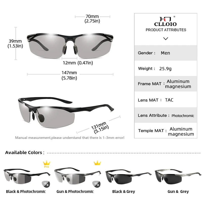 CLLOIO Polarized Photochromic Sunglasses for Men - Anti-Glare UV400 Driving & Fishing Glasses