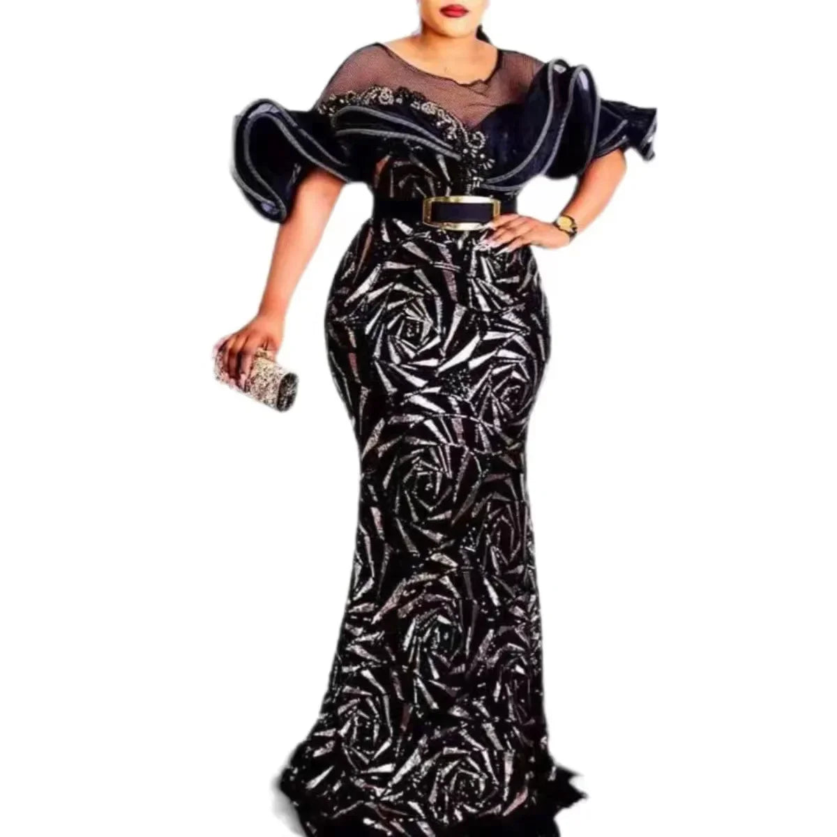 2023 Spring Summer Elegant African Women Short Sleeve Sequined Wedding Party Long Dress African Dresses for Women Maxi Dress MULTI