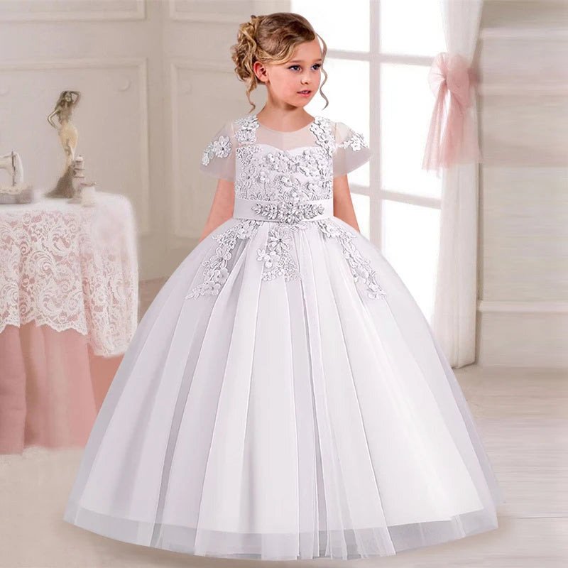 Flower Girl Communion Dress | Embroidered Princess Wedding Ball Gown as picture