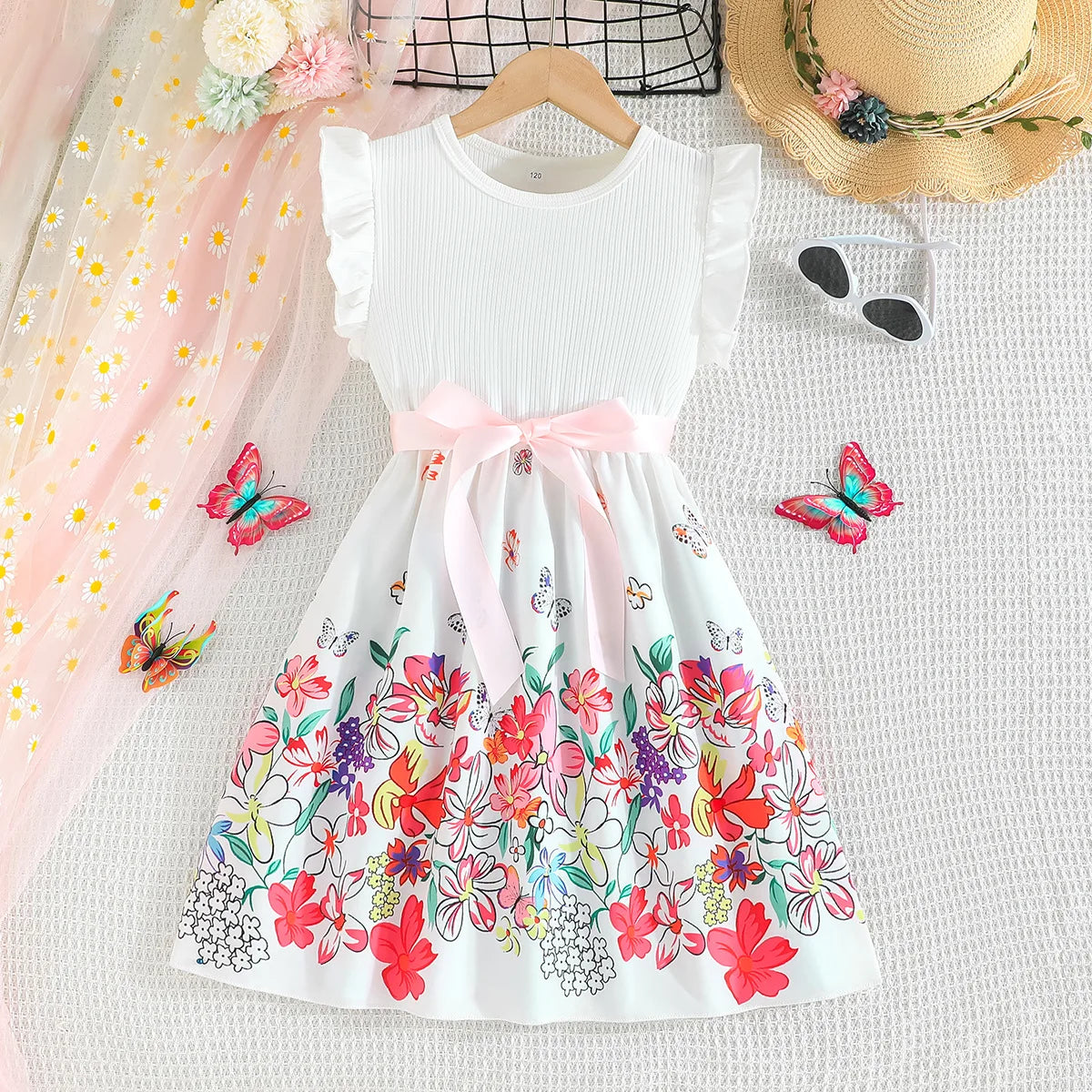 Summer Girls Floral Patchwork Dress | Fashionable Kids Ruffle Sleeveless Princess Dress with Belt Style 02