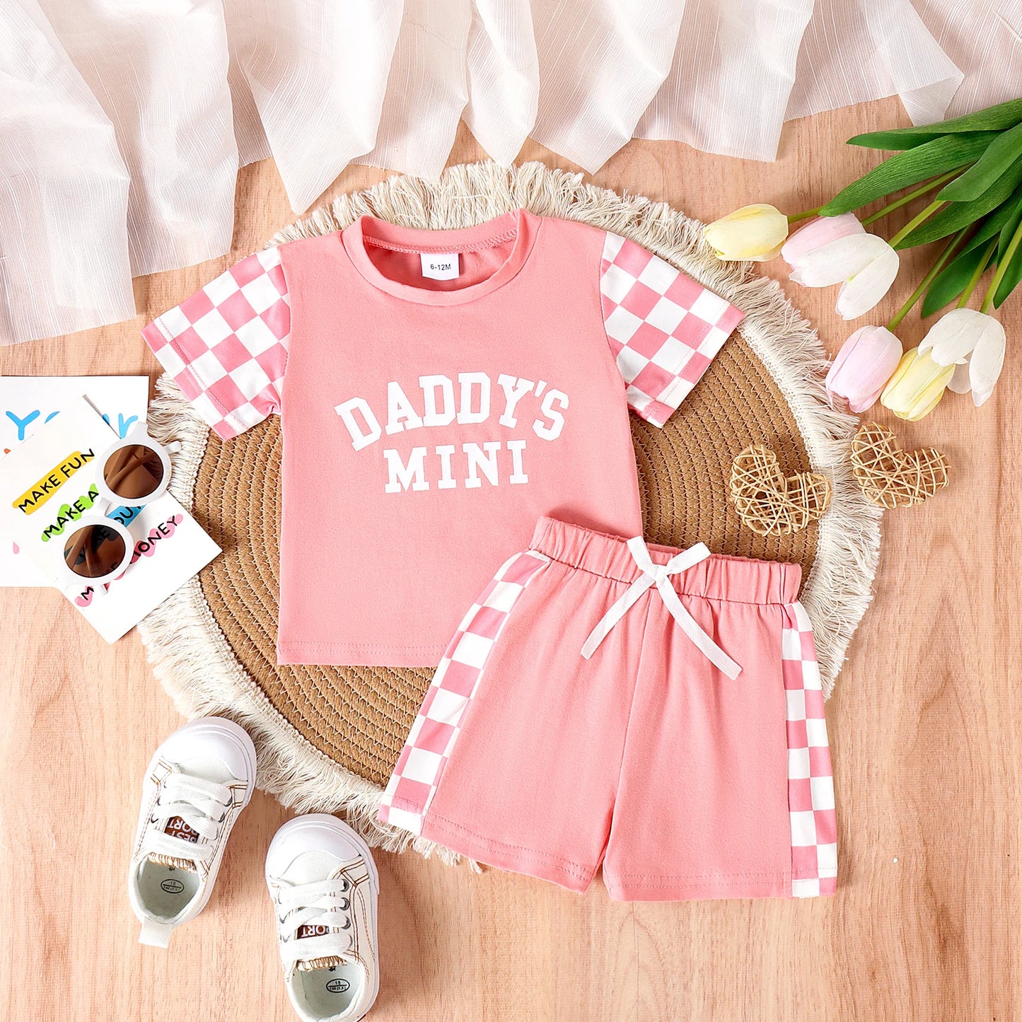 2PCS Summer 0-4 Years Old Cute Fashion Trend Baby Girls Universal Comfortable Soft Daddys Mini Letter Multicolor Plaid Set Pink