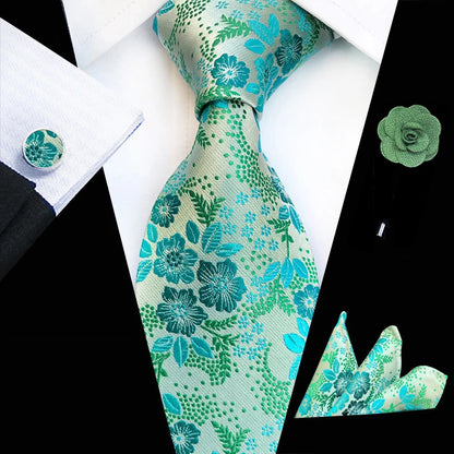 Floral Pink Silk Tie Set for Men – Wedding & Party Neck Tie with Handkerchief, Brooch, and Cufflinks