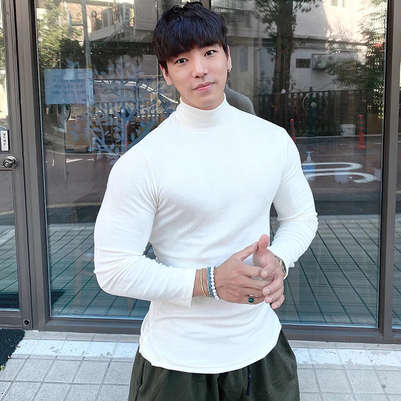 Autumn New Turtleneck T Shirts Men Knitting Shirt Slim Fit Fitness Elastic Clothes Long Sleeve T-Shirt Casual High Neck Tops White