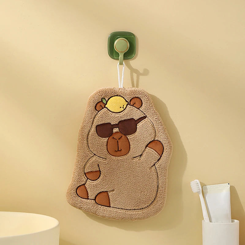 Cute Capybara Cartoon Hand Towel – Quick-Drying Coral Fleece Hanging Towel for Kitchen & Bathroom, Soft Face Washcloth Lemon