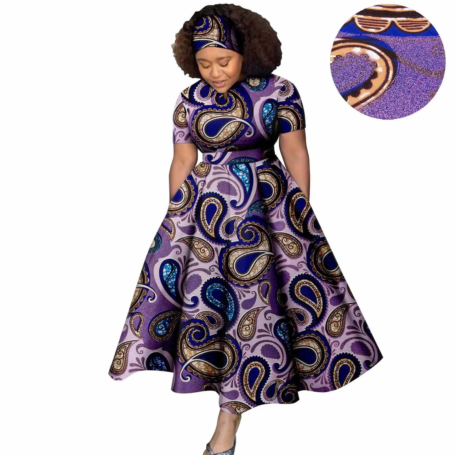 African Women Dress Dashiki Ankara Elegant Ladies Short Sleeves Dress Party Evening Prom with Headscarf Evening Dress Y2225024 353j Free size