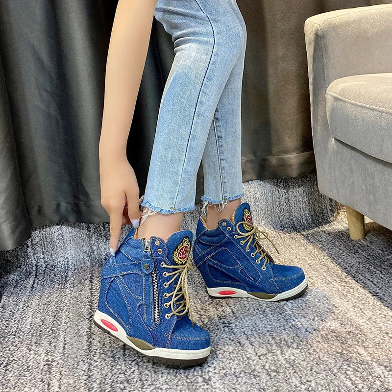 Women's Denim Wedge High-Top Sneakers | Fashion Platform Shoes with Zipper | Thick Bottom Casual Vulcanized Shoes | Big Size 41