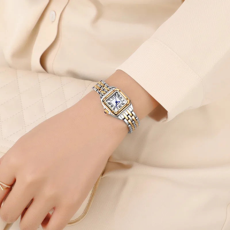 Elegant Rose Gold Square Case Quartz Watch for Women - Classic Roman Numeral Dial Ladies Wristwatch