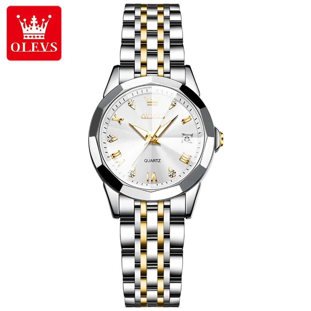 OLEVS 9931 Women’s Elegant Quartz Wristwatch | Stainless Steel Strap, Rhombus Mirror, Waterproof & Luminous Ladies Watch Gold White CN