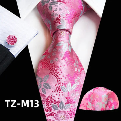 Floral Pink Silk Tie Set for Men – Wedding & Party Neck Tie with Handkerchief, Brooch, and Cufflinks TZ-M13