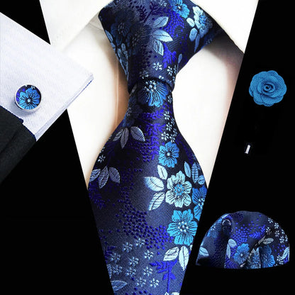 Floral Pink Silk Tie Set for Men – Wedding & Party Neck Tie with Handkerchief, Brooch, and Cufflinks TZ-MF02