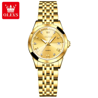 OLEVS 9931 Women’s Elegant Quartz Wristwatch | Stainless Steel Strap, Rhombus Mirror, Waterproof & Luminous Ladies Watch Full Gold CN