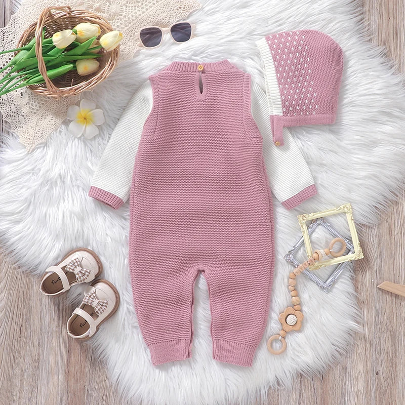 Newborn Baby Rompers Knit Infant Girl Jumpsuit Cute Bows Autumn Kid Clothes Hat Child Overalls 0-18M Outfit Warm Long Sleeve 2pc