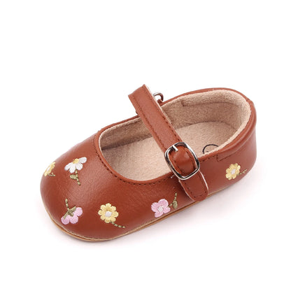 Baby Girls Mary Jane Flats PU Leather Infant Dress Shoes Floral Embroidery Princess Shoes 0-18M