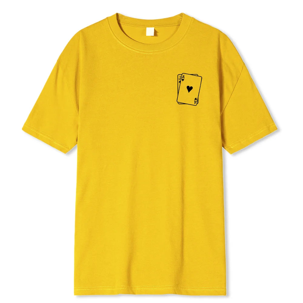 Playing Card Spades A Print Mens Cotton T-Shirts All-math Fashion Short Sleeve Breathable Oversize O-Neck Tops Male Tee Clothing Yellow